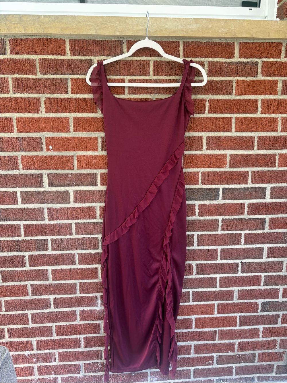 Women's Burgundy Ruffle Maxi Dress with slit